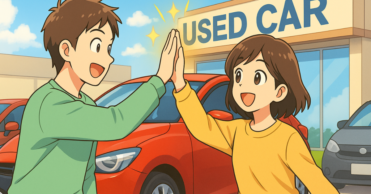 赤い車の前でハイタッチする男女のイラスト