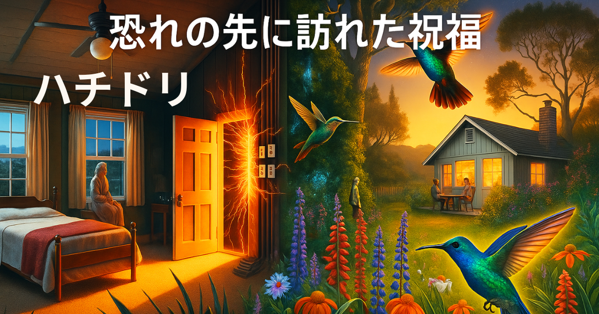 夜の火花と朝のハチドリ、光と静けさが対比された幻想的な風景