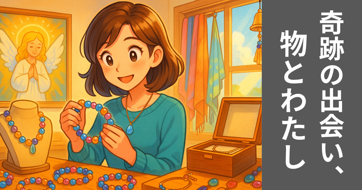 天然石のブレスレットを手に持ち、笑顔で選ぶ女性のアニメ風イラスト