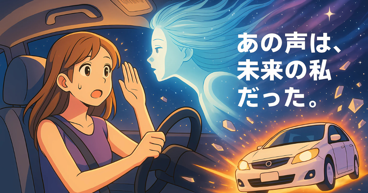 未来の自分から届いた声に気づき、事故から守られた体験を描いたアニメ風イラスト
