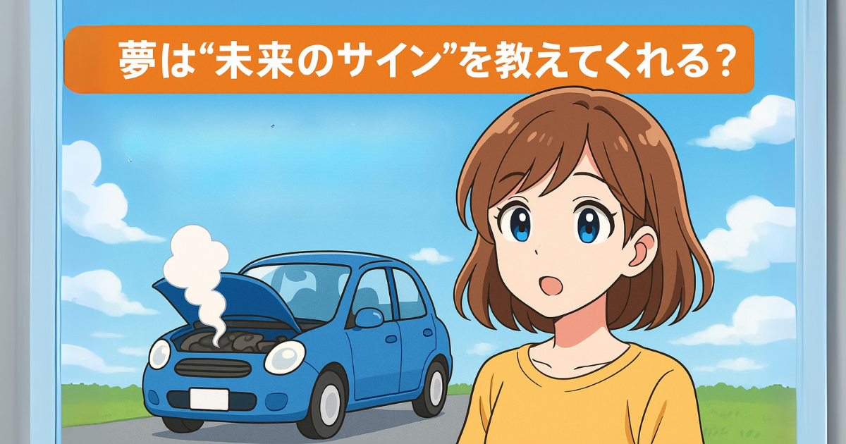 未来のサインを知らせる夢/青空の下で車の故障を見つめる女の子(アニメ風)