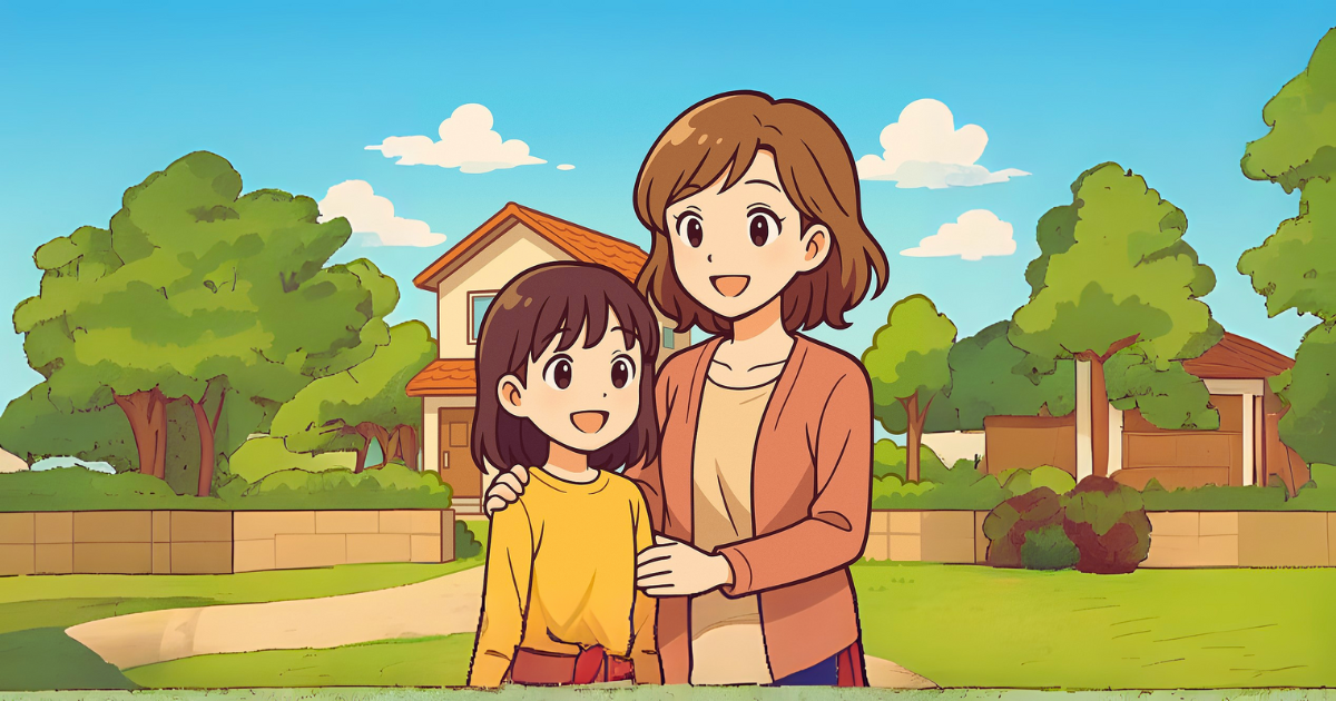 アニメ風の母子イラスト。明るい空の下、母と子が笑顔で寄り添う温かな雰囲気。