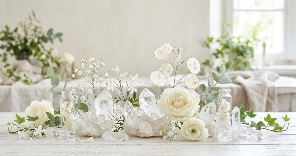 白いバラとカスミソウ、水晶の原石が飾られた明るいテーブル