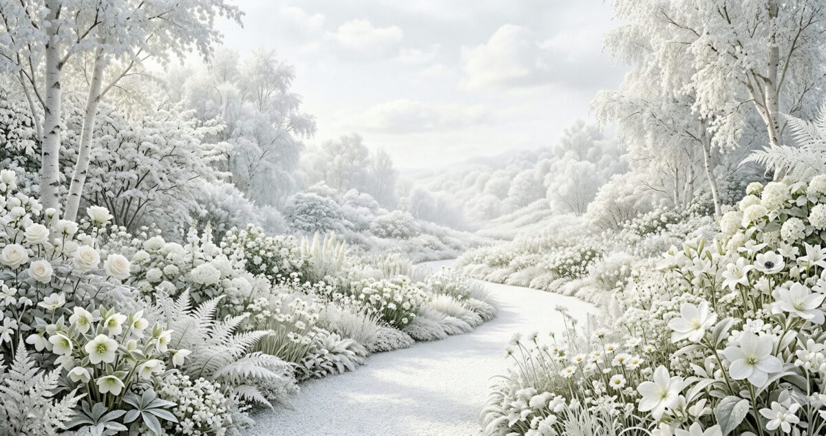 白い雪と植物の道が続いいている