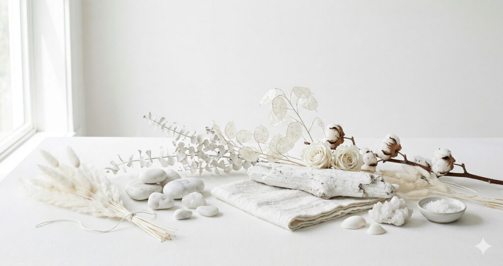 白いドライフラワーと石、木や布が置かれた白い机