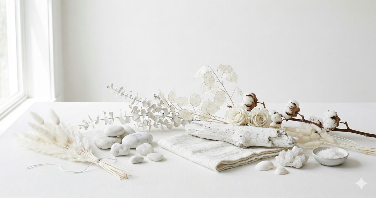白いドライフラワーと石、木や布が置かれた白い机